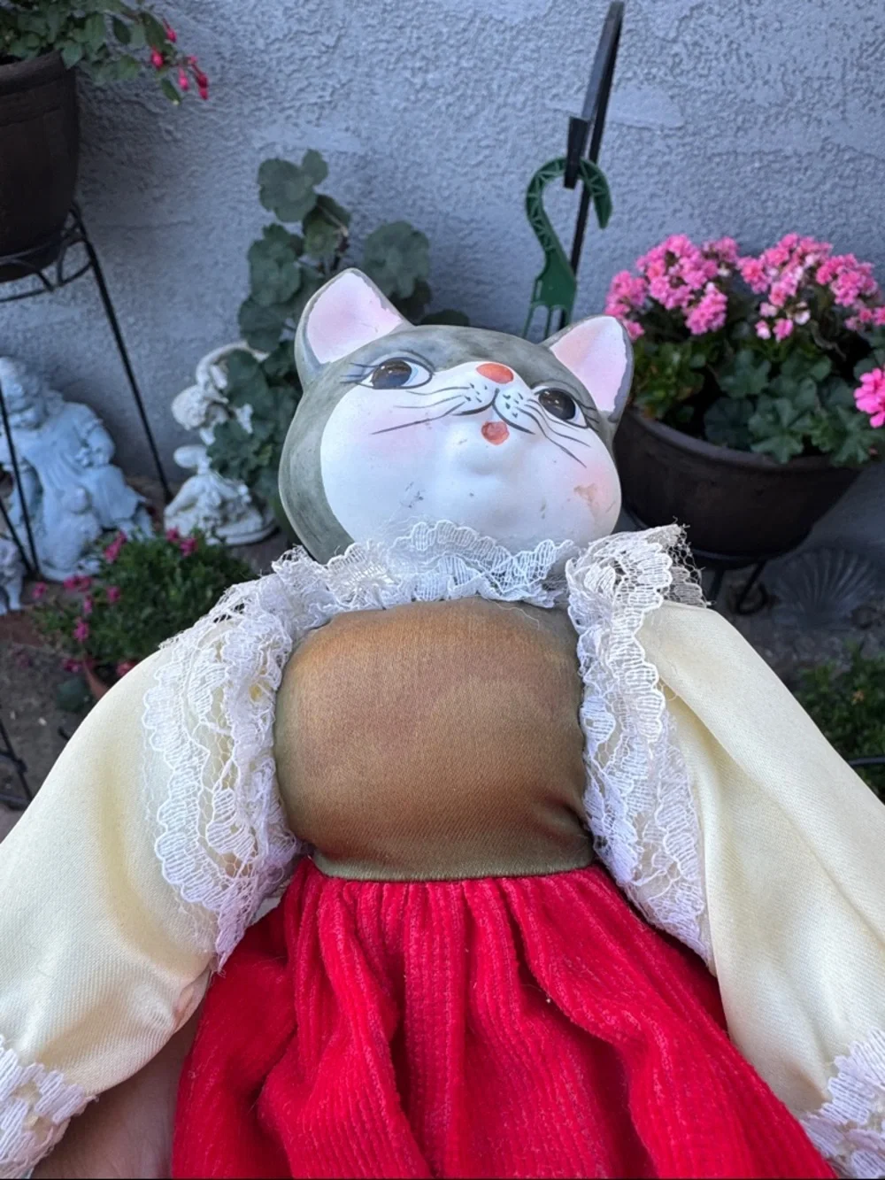 Vintage Cat Couple Porcelain Dolls - Black & Red Attire
